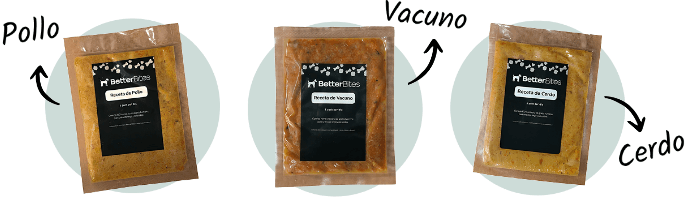 Tres menús: Pollo, Vacuno y Cerdo en bolsas al vacío